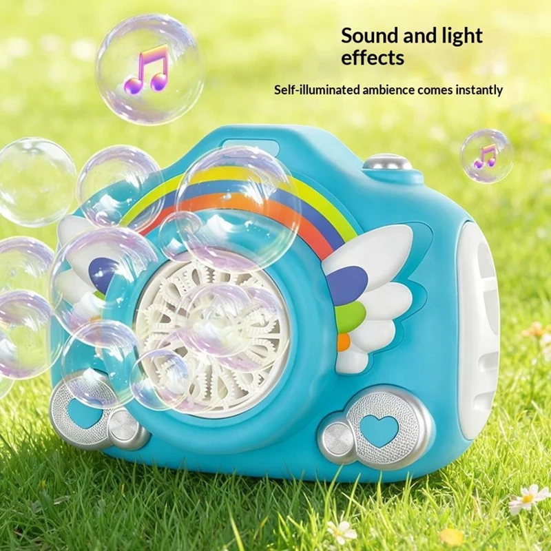 333-61 Electric Rechargeable Camera Bubble Machine Kids Camera-Shaped Bubble Maker Toy with Lights Music Effects - Blue