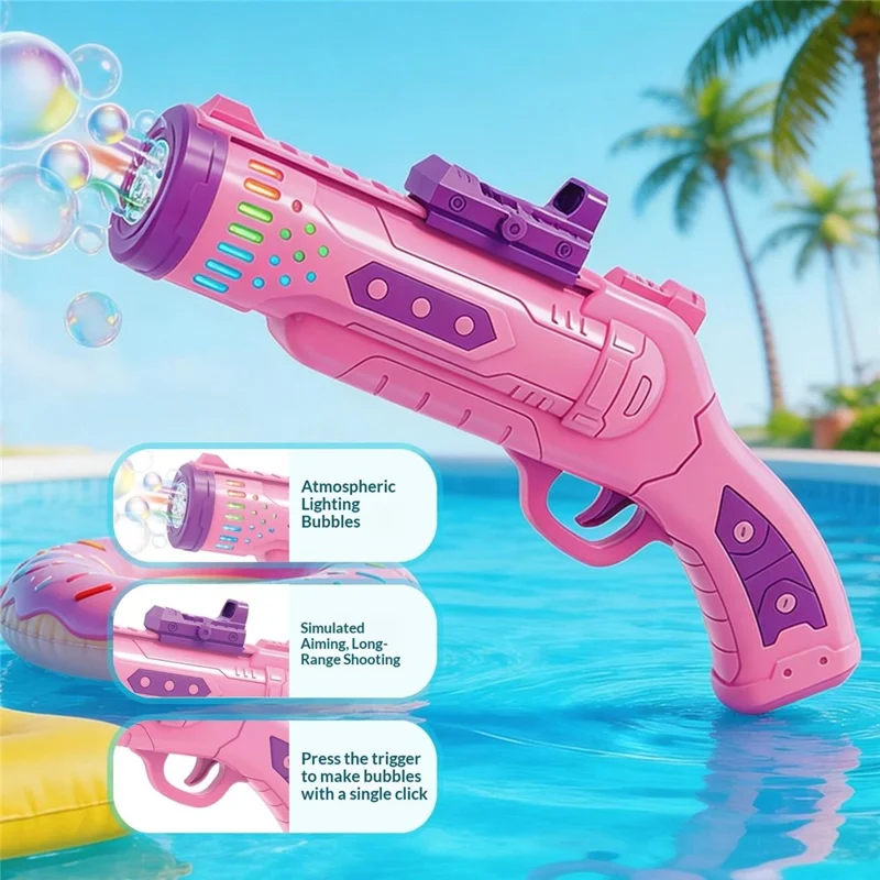 6601-36 Electric Bubble Gun Multi-Hole Gatling Bubble Maker LED Light Kids Toy with 60ml Bubble Solution for Outdoor - Pink