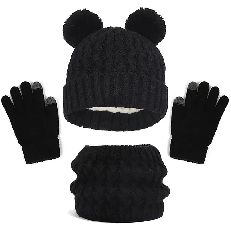 Sombrero de Invierno, Guantes y Bufanda para Niños Juego Cálido y Hecho a Punto - Negro