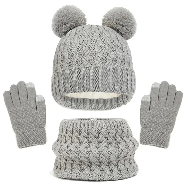 Kids Winter Hat Gloves Scarf Set Warm Knitted Beanie Neck Gaiter Hand Gloves Kit for Toddlers - Grey