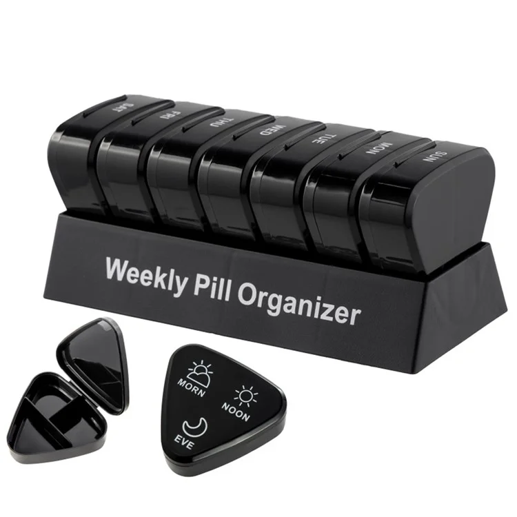 21027 Contenitore portatile in PP per pillole quotidiane 2 volte al giorno 7 giorni Porta pillole sigillato Organizzatore di medicinali settimanale facile da aprire (Senza FDA, senza BPA) - Nero 