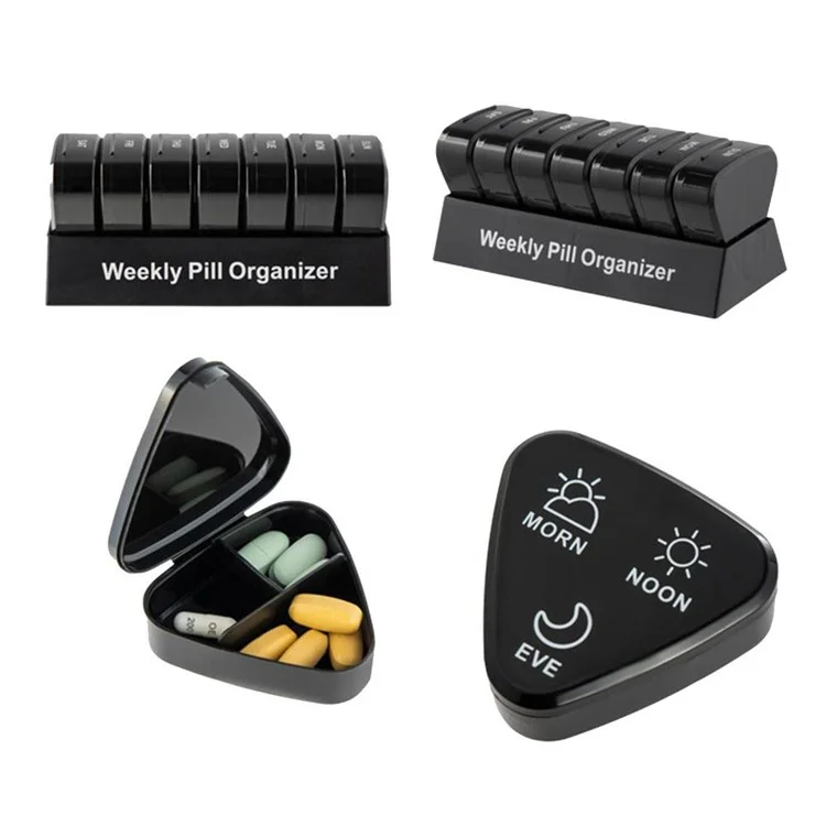 21027 Contenitore portatile in PP per pillole quotidiane 2 volte al giorno 7 giorni Porta pillole sigillato Organizzatore di medicinali settimanale facile da aprire (Senza FDA, senza BPA) - Nero 
