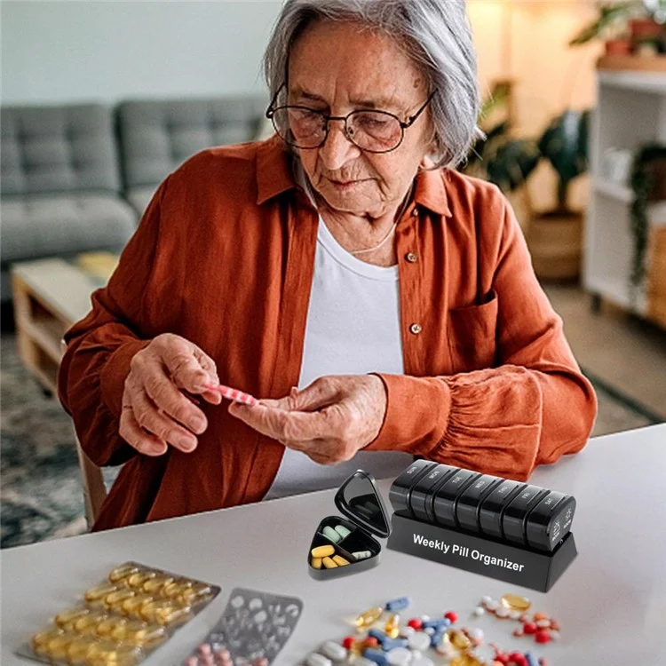 21027 Contenitore portatile in PP per pillole quotidiane 2 volte al giorno 7 giorni Porta pillole sigillato Organizzatore di medicinali settimanale facile da aprire (Senza FDA, senza BPA) - Nero 