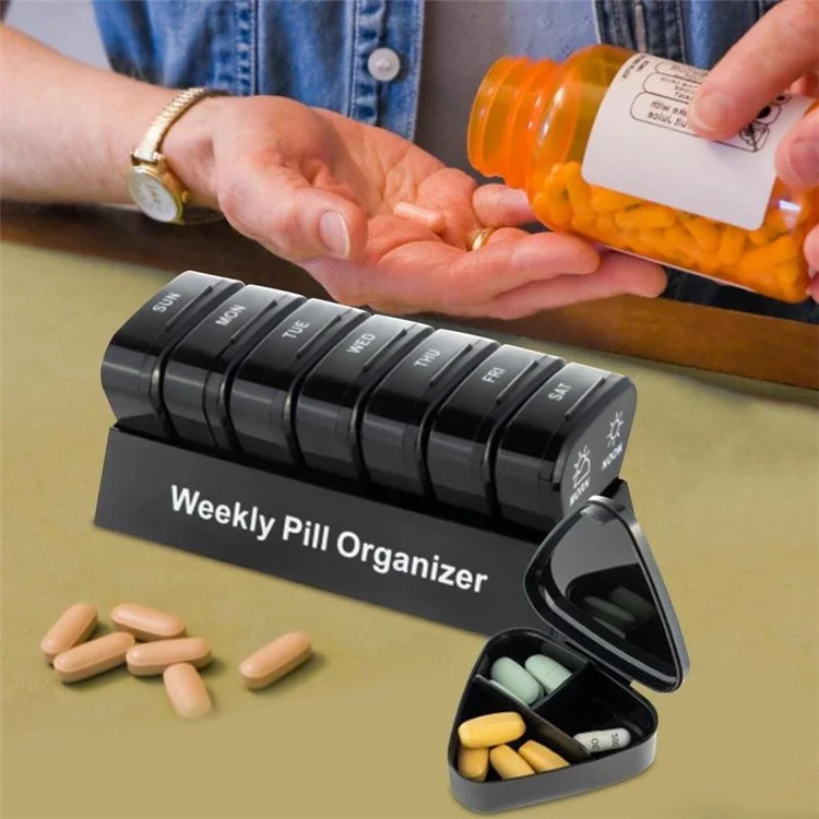 21027 Contenitore portatile in PP per pillole quotidiane 2 volte al giorno 7 giorni Porta pillole sigillato Organizzatore di medicinali settimanale facile da aprire (Senza FDA, senza BPA) - Nero 