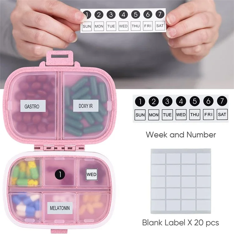 HOLII Daily Pill Organizer 8 Compartments Portable Pill Case Storage Box (BPA Free, No FDA Certificate) - Pink