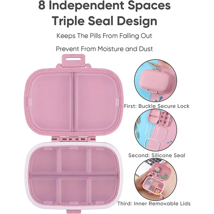 HOLII Daily Pill Organizer 8 Compartments Portable Pill Case Storage Box (BPA Free, No FDA Certificate) - Pink
