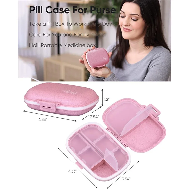 HOLII Daily Pill Organizer 8 Compartments Portable Pill Case Storage Box (BPA Free, No FDA Certificate) - Pink
