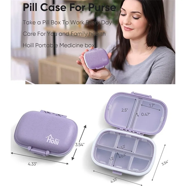 HOLII Daily Pill Organizer 8 Compartments Portable Pill Case Storage Box (BPA Free, No FDA Certificate) - Purple