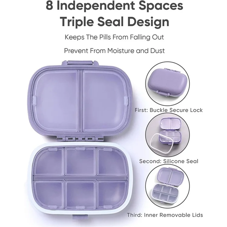 HOLII Daily Pill Organizer 8 Compartments Portable Pill Case Storage Box (BPA Free, No FDA Certificate) - Purple