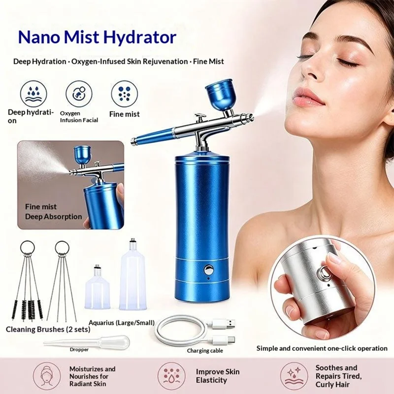 D090 Spray Gun Oxygen Injection Device 0.3mm Nano Atomization 160Kpa High Pressure Mist Hydrator for Home Beauty - Blue