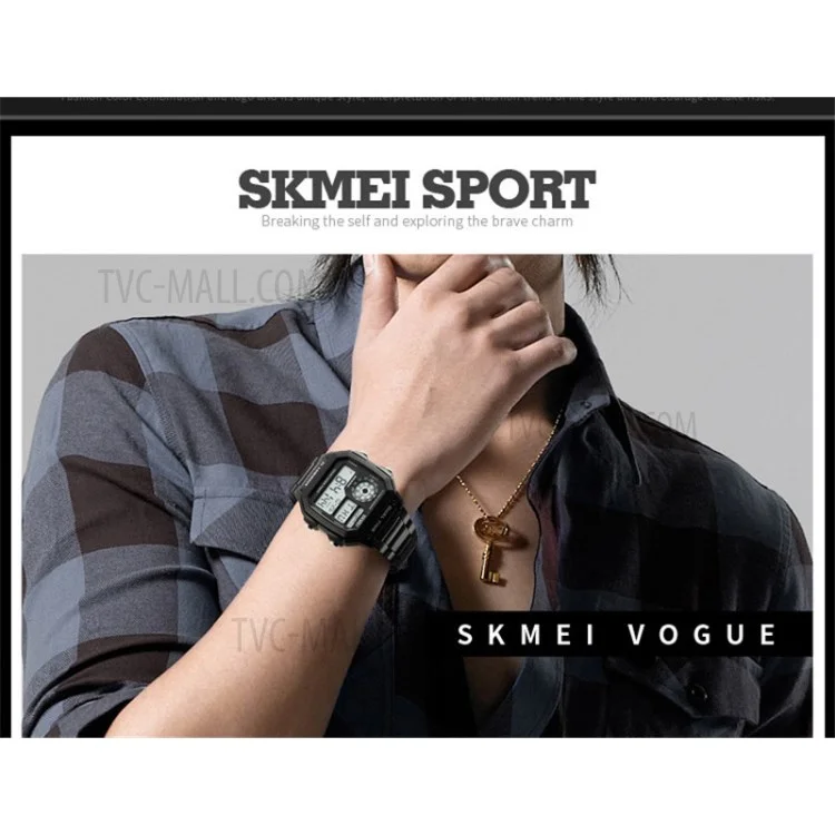 SKMEI Men's  Business Square Dial Digital Watch [Dual Time] [EL Luminous] - Black