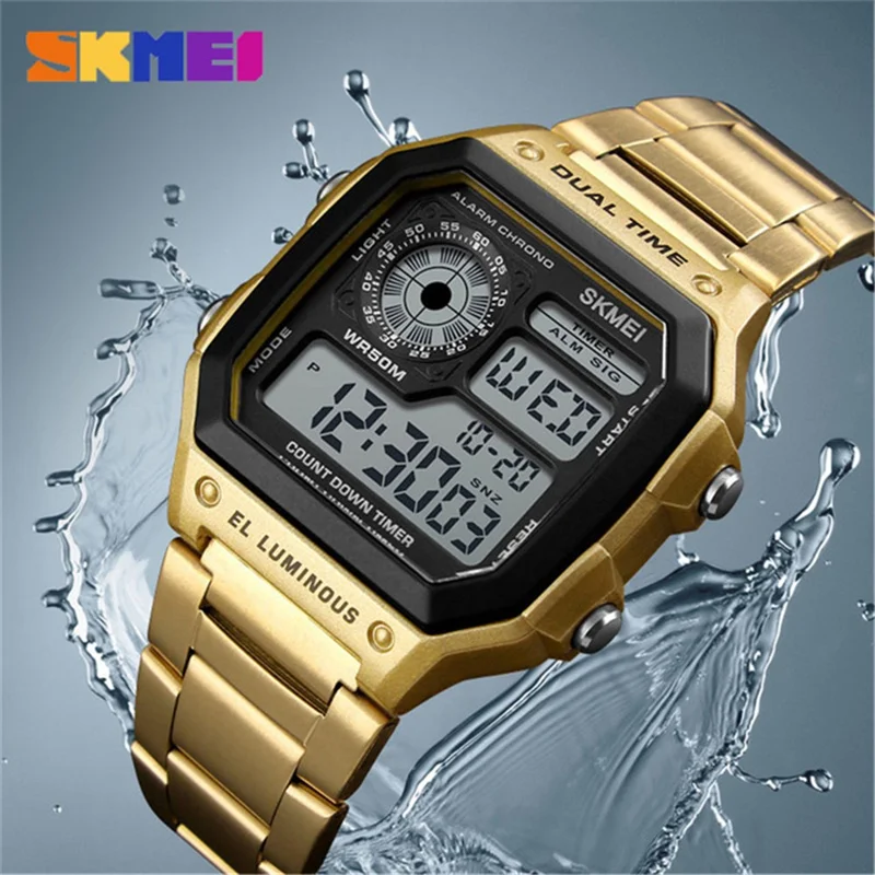 SKMEI Men's Business Digital Watch [Dual Time] [EL Luminous] - Gold