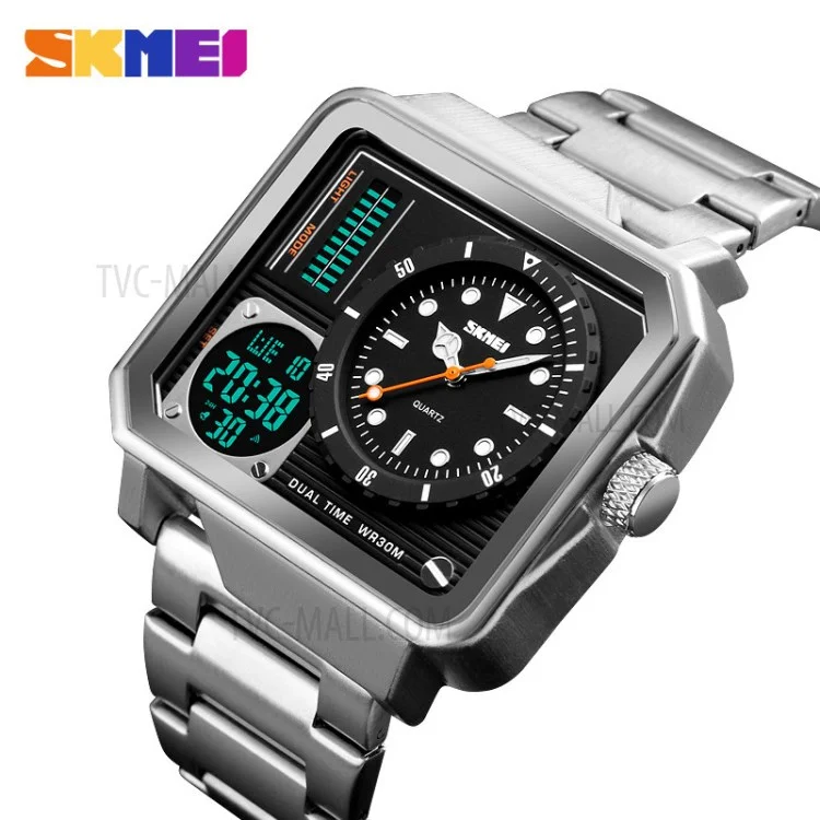 SKMEI Dual Display Men Sport Watch Large Dial Stopwatch Alarm Digital Watch - Silver