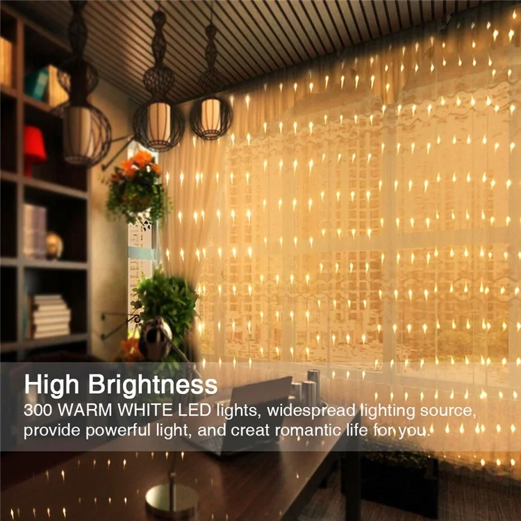 Waterproof 3M 8 Modes Warm White 300-LED Curtain String Fairy Light