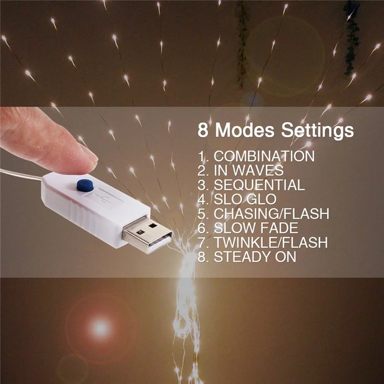 Waterproof 3M 8 Modes Warm White 300-LED Curtain String Fairy Light