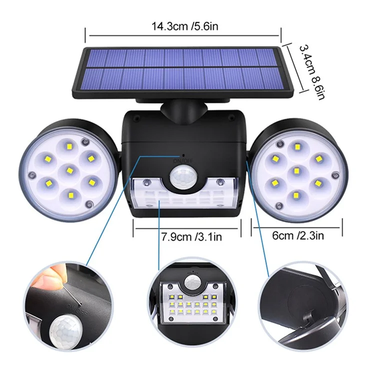 Lumière Solaire Light à 30 Leme à Double Tête de Lampe Solaire Pir Spotteur de Mouvement Étanche Des Lumières Extérieures de Mur Imperméables - Blanche