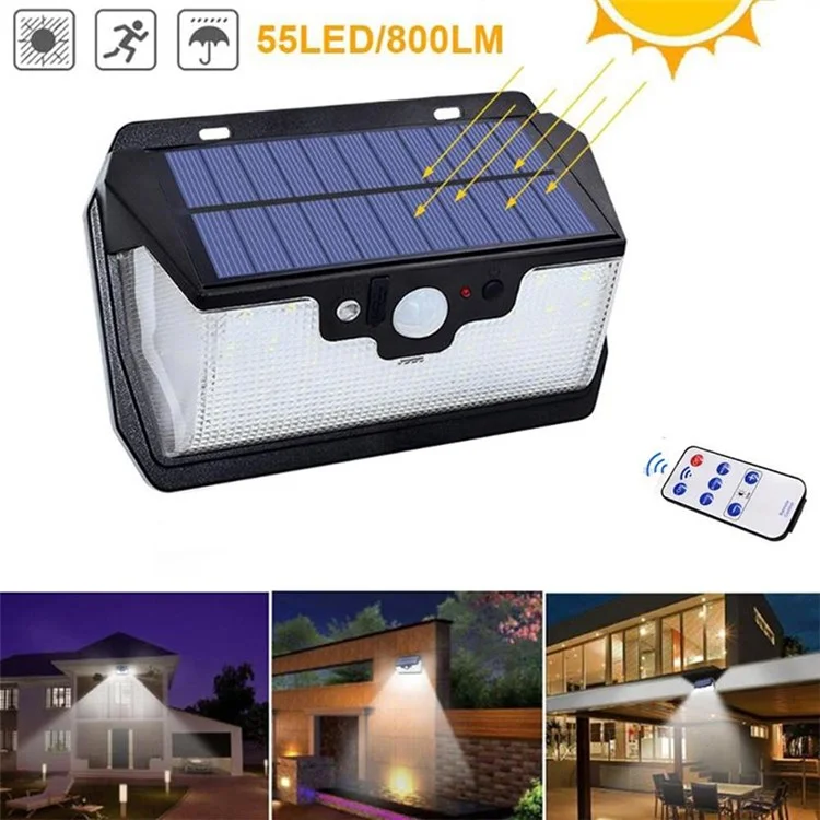 55-LED Solar Lamps Remote Control Induction Wall Light USB Charging Waterproof PIR Motion Sensor for Outdoor Garden Path Yard - White