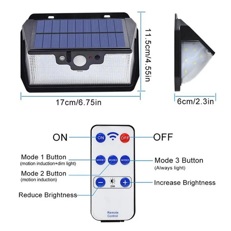 55-LED Solar Lamps Remote Control Induction Wall Light USB Charging Waterproof PIR Motion Sensor for Outdoor Garden Path Yard - White