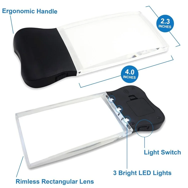 Large Rectangular 2X Handheld Magnifying Glass LED Light Magnifier Lens