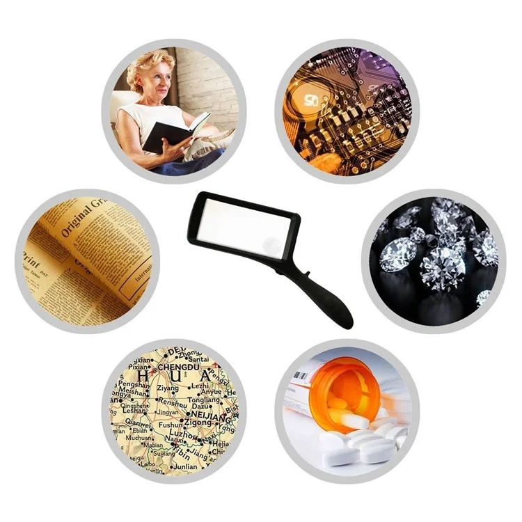 Handheld Rectangle Magnifying Glass 2X and 6X Lens Magnifying Glass with LED Light