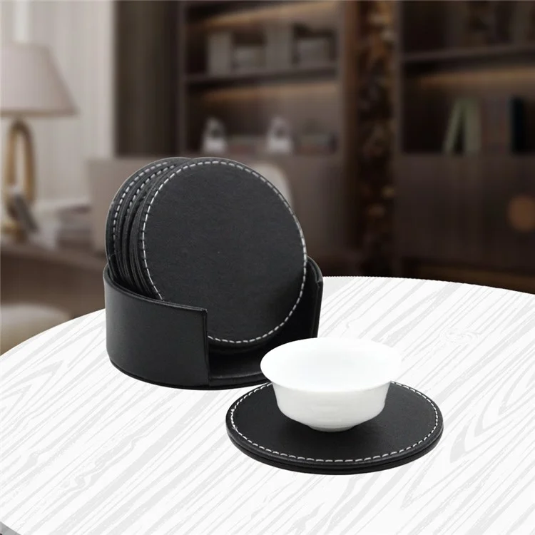 6Pcs/Set PU Leather Heat-resistance Placemat Cup Mats Coffee Mug Drink Coasters - Black