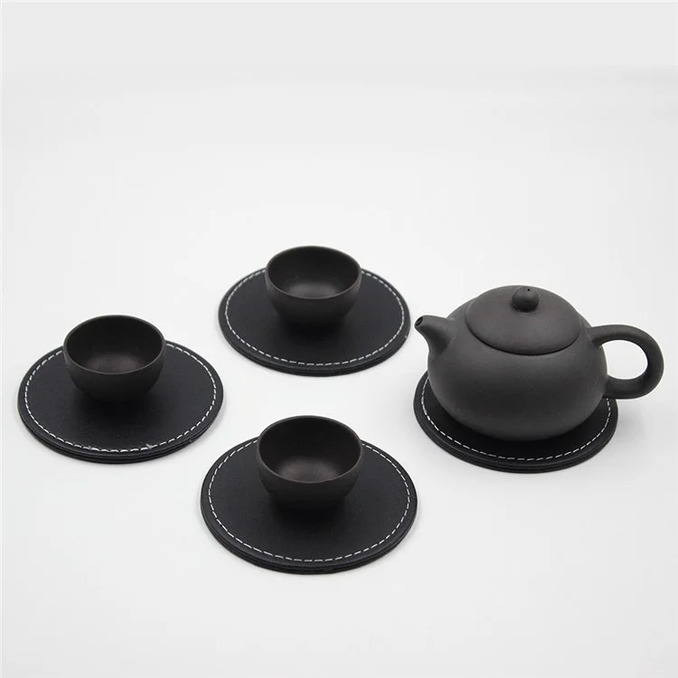 6Pcs/Set PU Leather Heat-resistance Placemat Cup Mats Coffee Mug Drink Coasters - Black