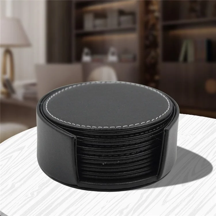 6Pcs/Set PU Leather Heat-resistance Placemat Cup Mats Coffee Mug Drink Coasters - Black