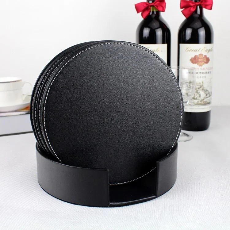 6Pcs/Set PU Leather Heat-resistance Placemat Cup Mats Coffee Mug Drink Coasters - Black