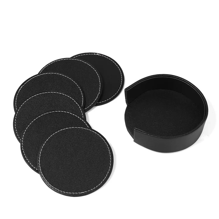 6Pcs/Set PU Leather Heat-resistance Placemat Cup Mats Coffee Mug Drink Coasters - Black