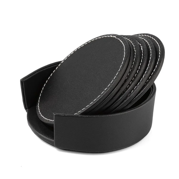 6Pcs/Set PU Leather Heat-resistance Placemat Cup Mats Coffee Mug Drink Coasters - Black