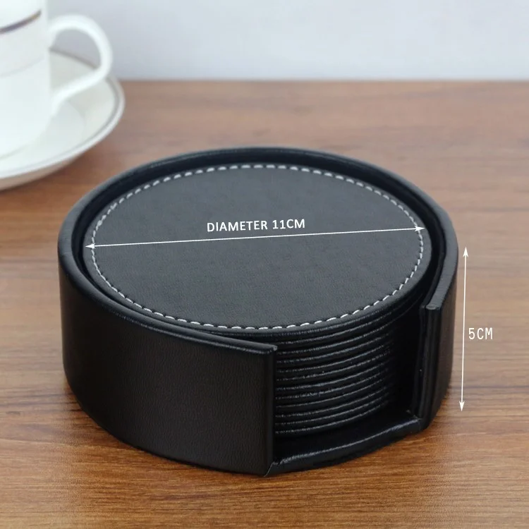 6Pcs/Set PU Leather Heat-resistance Placemat Cup Mats Coffee Mug Drink Coasters - Black