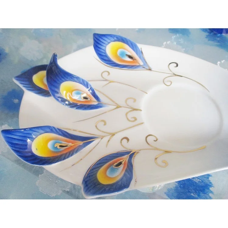 Creative Peacock Theme Porcelain Tea Cup Beautiful Ceramic Mug Three Pieces - Blue