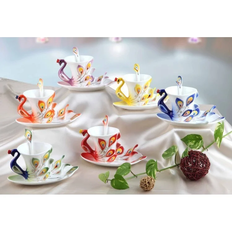 Creative Peacock Theme Porcelain Tea Cup Beautiful Ceramic Mug Three Pieces - Blue