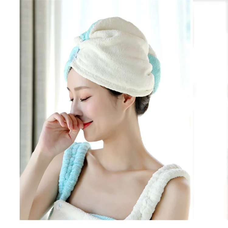 Kontrastfarbe Wasserabsorbierende Korallenfleece Trockenes Haarhandtuch - Blau / Beige