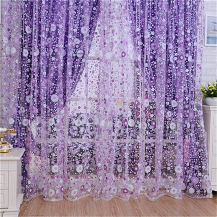 200x270cm Stylé Imprimé Floral Voile Fenêtre Fenêtre Rideau Rideau Drape Divider - Mauve