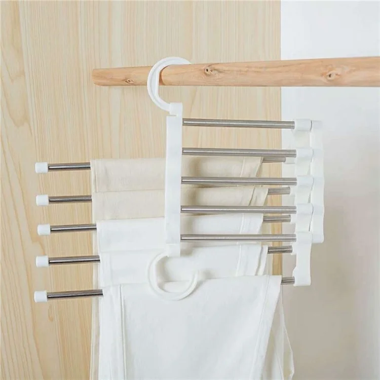 5 in 1 Stainless Steel Multifunctional Pant Rack Magic Hook Clothes Hanger Closet Organizer - White