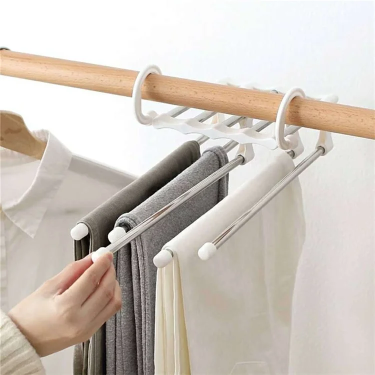 5 in 1 Stainless Steel Multifunctional Pant Rack Magic Hook Clothes Hanger Closet Organizer - White