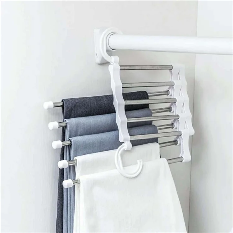 5 in 1 Stainless Steel Multifunctional Pant Rack Magic Hook Clothes Hanger Closet Organizer - White