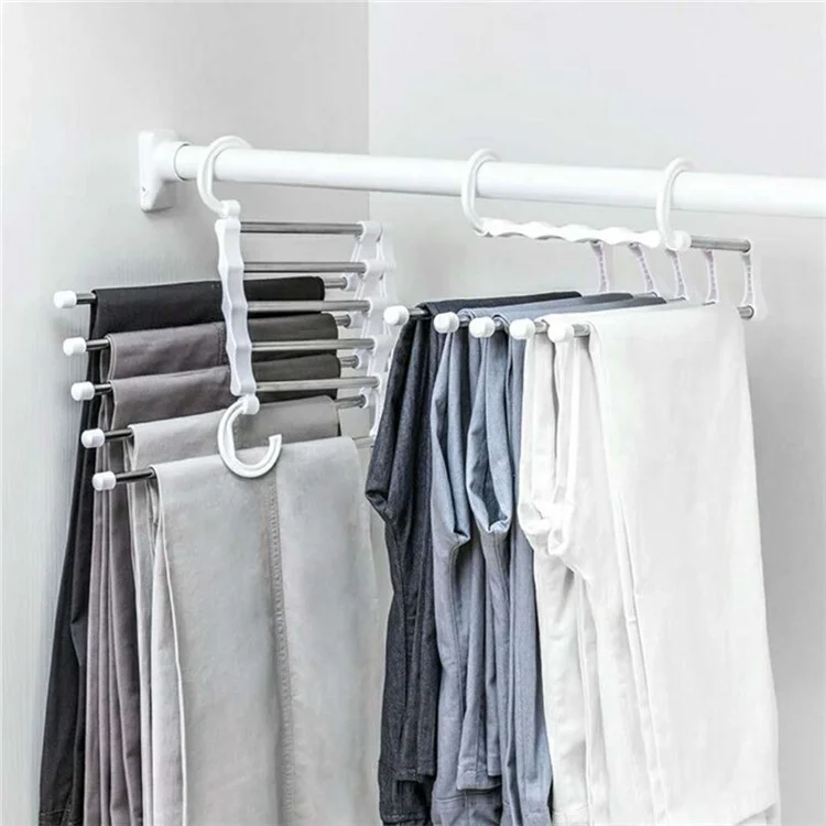 5 in 1 Stainless Steel Multifunctional Pant Rack Magic Hook Clothes Hanger Closet Organizer - White