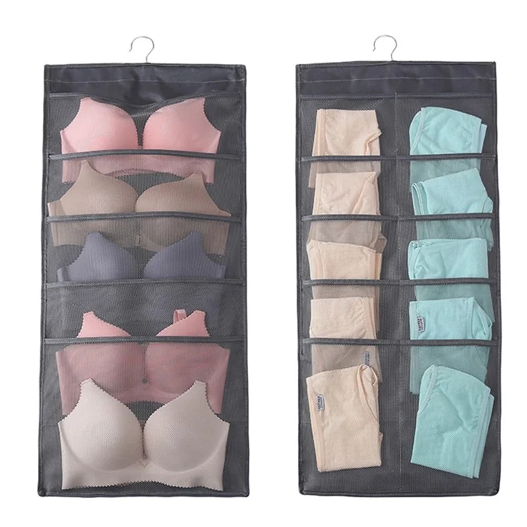 Dual-sided Hanging Closet Organizer for Underwear Sock Toiletries Bra 15 Mesh Pockets - Grey