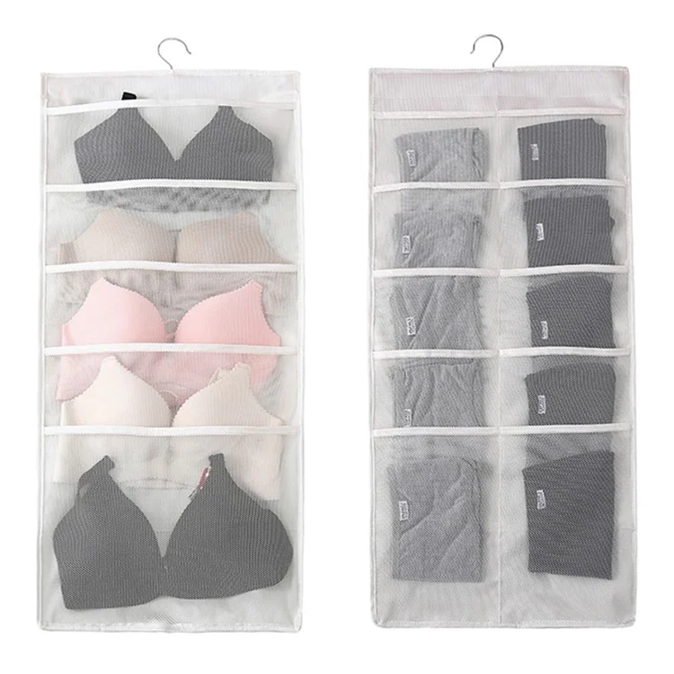 Dual-sided Hanging Closet Organizer for Underwear Sock Toiletries Bra 15 Mesh Pockets - White