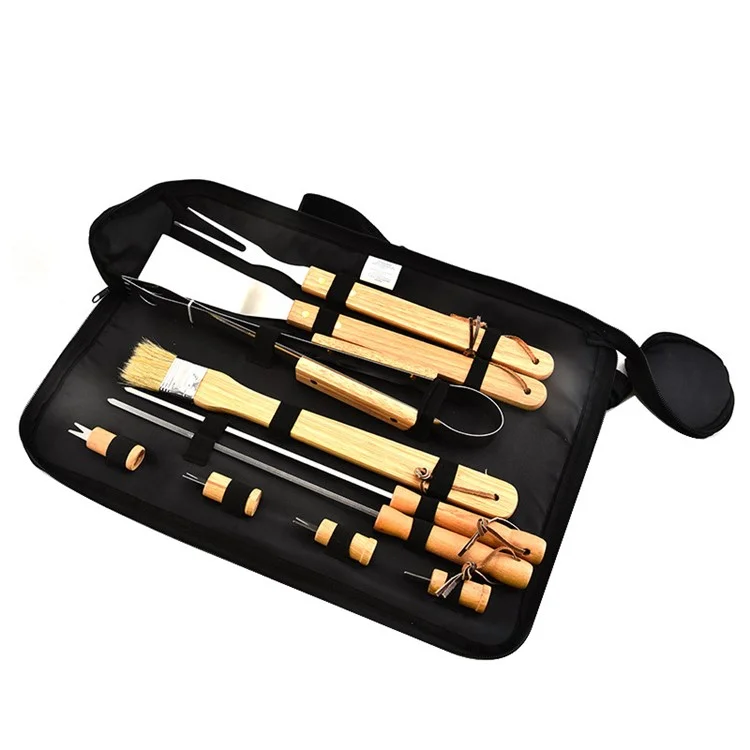 10 PCS/Set BBQ Grill Tools Wooden Handle Carry Bag Set