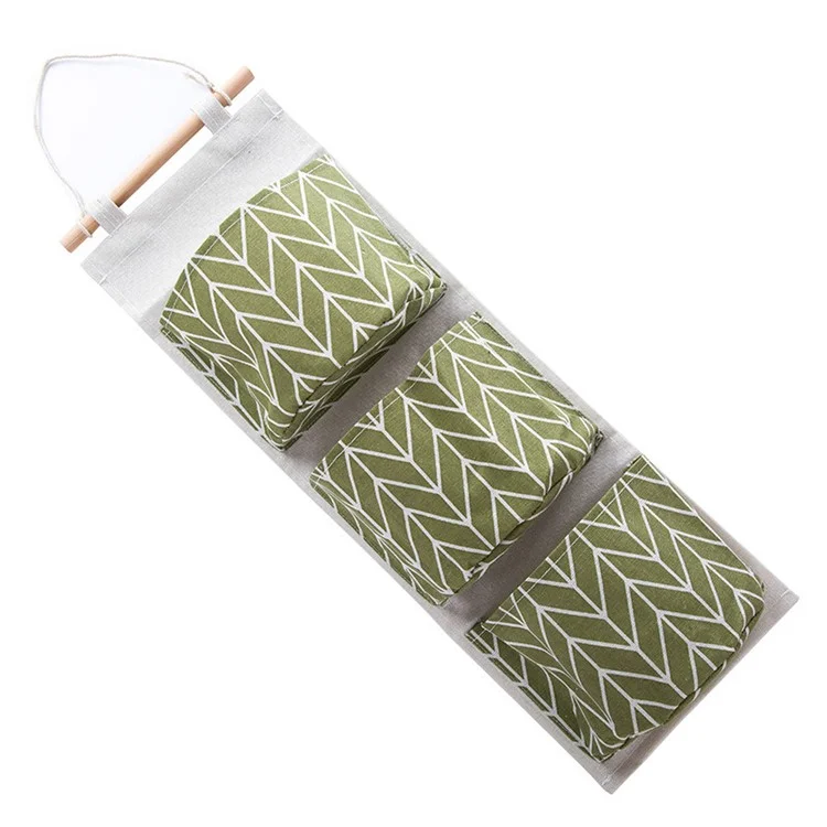 Linen 3 Pockets Organizer Multi-layers Pouch Closet Wall Door Hanging Storage Bag - Green