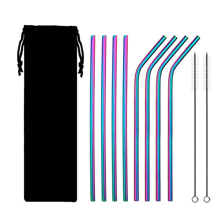 8Pcs Stainless Steel Metal Reusable Straws 8.5'' Bent and Straight Drinking Straw with 2pcs Cleaning Brushes - Multi-color