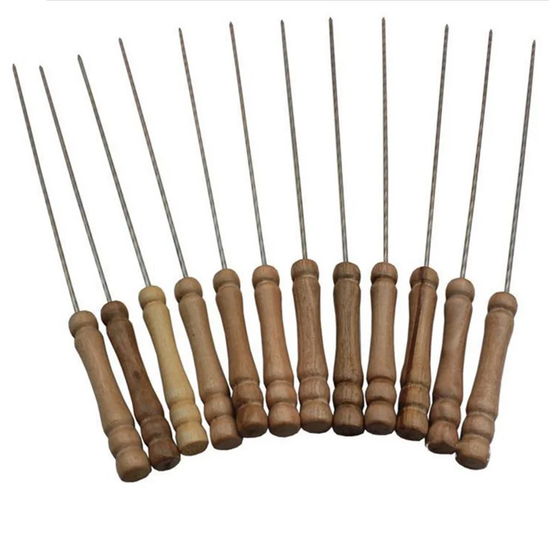 12Pcs Barbecue Needle Skewers Wooden Handle Stainless Steel Fork Camping Dining Tools