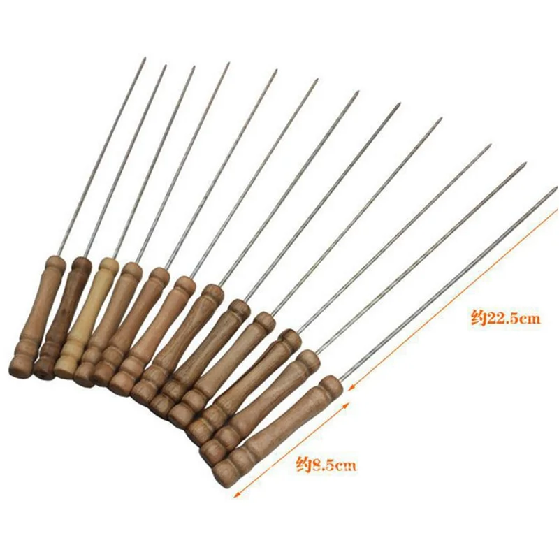 12Pcs Barbecue Needle Skewers Wooden Handle Stainless Steel Fork Camping Dining Tools