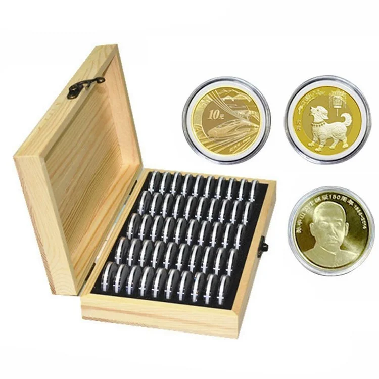 Wood Coins Storage Box Case for Slab Certified Coin with 50 Capsules