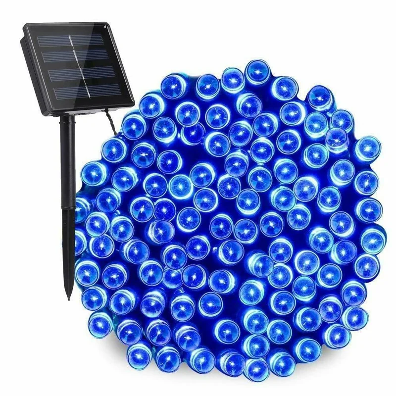 سلسلة إضاءة ليد خارجية بطول 12 مترًا ومكونة من 100 لمبة وتملك ثماني وظائف تعمل بالطاقة الشمسية وزينة على شكل كرات للفناء - أزرق
