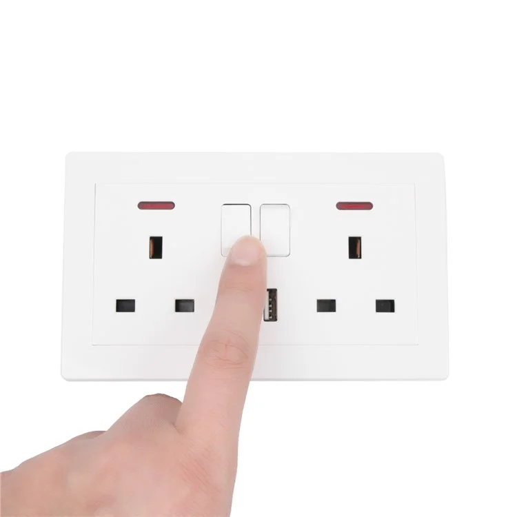 Prise murale double avec 2 prises USB, 13 A, 2 ports de charge USB, plaque blanche, prise UK