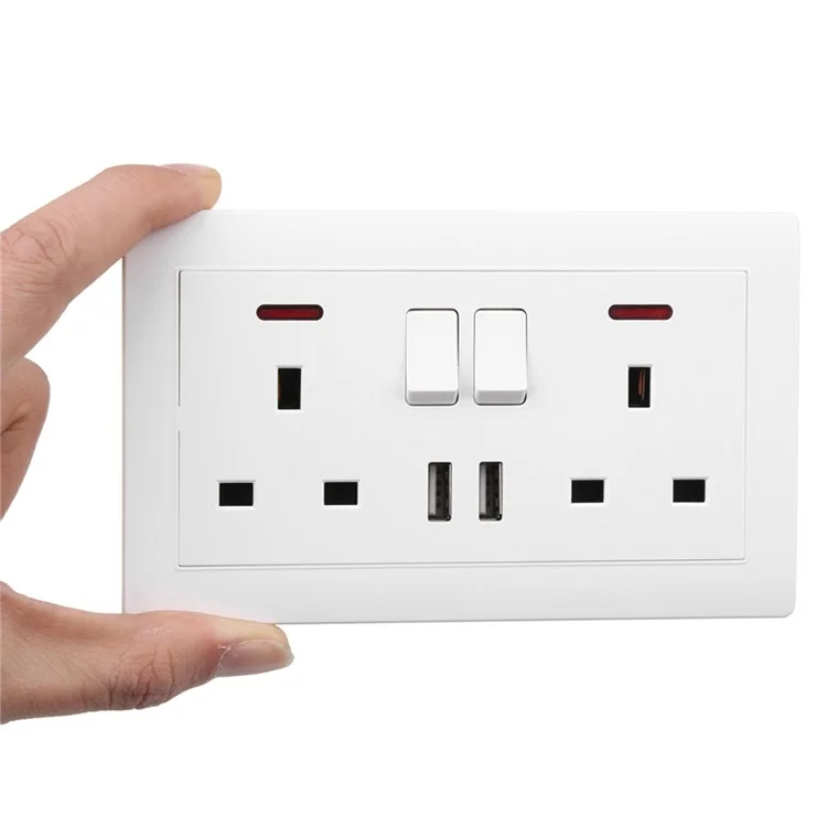 Prise murale double avec 2 prises USB, 13 A, 2 ports de charge USB, plaque blanche, prise UK